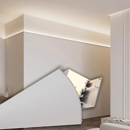 White LED Crown Molding Trim - 82ft Detive Strip Light Diffuser Channel, Aluminum Profile for Living Room, Bedroom, Indoor Decor & Ambient Cornice Lighting Soluts