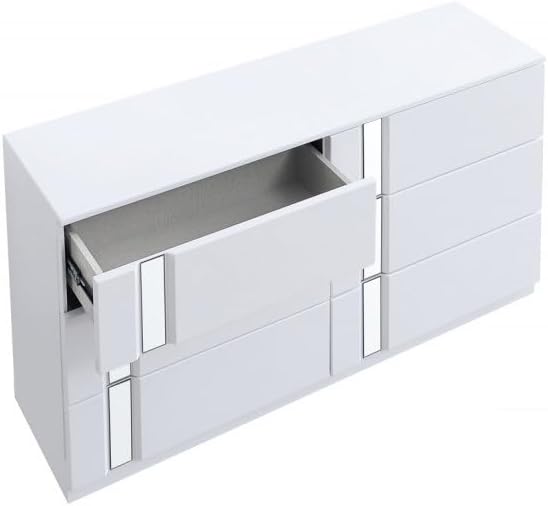 5-Piece Queen Size Modern Bedroom Set, Gray/White Wood Frame wih Mirror Trim, High Gloss Finish Bed Set