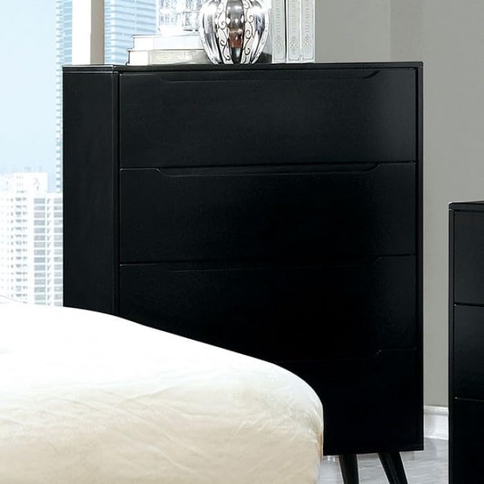 MASARA 4-Piece Mid-Century Modern Queen Bedroom Set in Black Finish, Engineered Solid Wood, Wood Veneer, Others