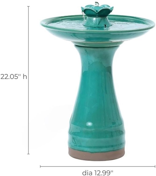 LuxenHome 22 Inch Ceramic Bird Bath Fountain, Elegant Glazed Outdoor Water Feature with Lotus Design, Freestanding Waterfall Birdbath Garden Water Fountain for Backyard, Patio