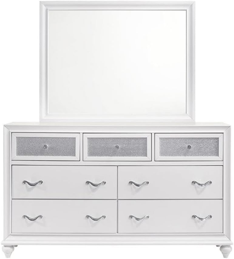 Pemberly Row 5-Piece Queen Bedroom Set, White Velvet Upholstered Bed with Button Tufting, Crocodile Textured Leatherette Finish, Dresser, Nightstand, Mirror, 14-Drawer Storage, Contemporary Design