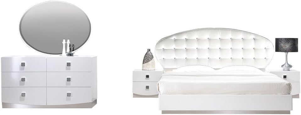 Best Master France 5-Piece Faux Leather Queen Bedroom Set in White Lacquer