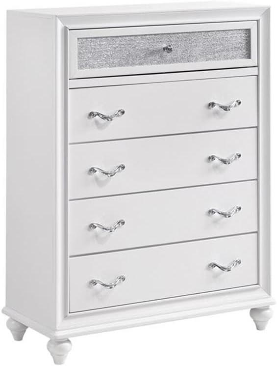 Pemberly Row 5-Piece Queen Bedroom Set, White Velvet Upholstered Bed with Button Tufting, Crocodile Textured Leatherette Finish, Dresser, Nightstand, Mirror, 14-Drawer Storage, Contemporary Design