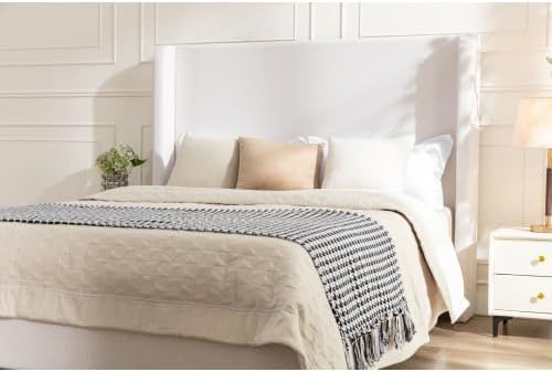 King Size Bed Frame With Headboard,54' Headboard Chenille Upholstered Platform Bed,Bedroom Furniture Sets No Springs Required,Metal Bed Frame With Wooden Slats for Strong Support,No Noise Free,Ivory