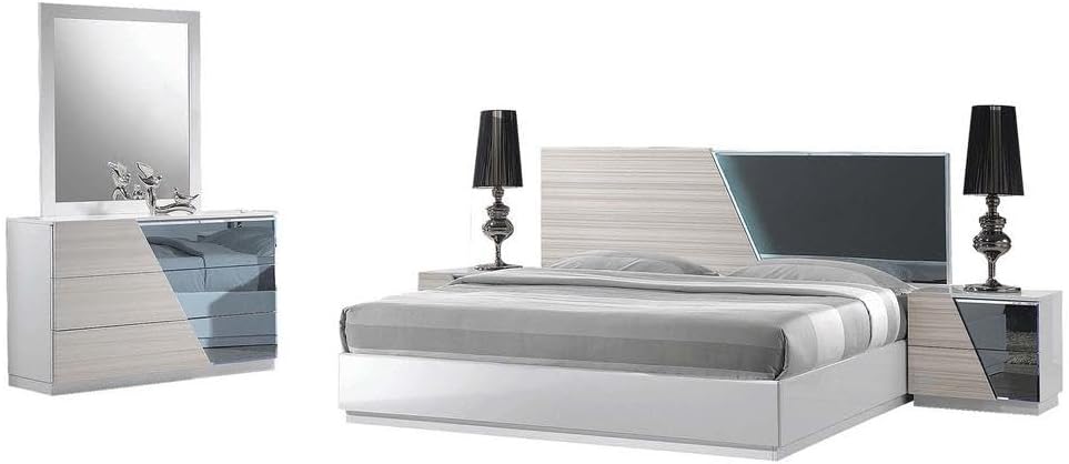 Modern 5-Piece Queen Size Bedroom Set, LED Lighting, High Gloss Lacquer Finish Wooden Bedroom Set, Zebra Gray