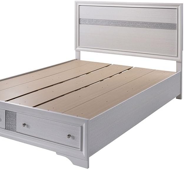 MASARA 5-Piece Queen Bedroom Set, Contemporary White with Silver Accents, Panel Bed with Storage.