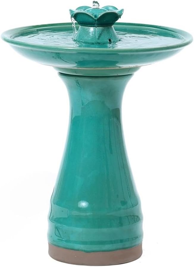 LuxenHome 22 Inch Ceramic Bird Bath Fountain, Elegant Glazed Outdoor Water Feature with Lotus Design, Freestanding Waterfall Birdbath Garden Water Fountain for Backyard, Patio