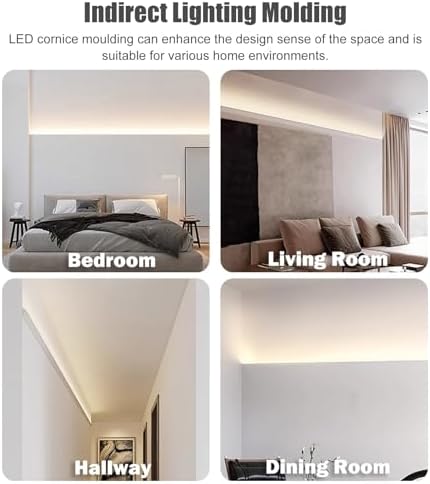 25m White LED Crown Molding Trim - Detive Strip Light Diffuser Channel Aluminum Cove Lighting for Living Room, Indoor Cornice & Home Decor Accent