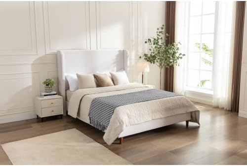 King Size Bed Frame With Headboard,54' Headboard Chenille Upholstered Platform Bed,Bedroom Furniture Sets No Springs Required,Metal Bed Frame With Wooden Slats for Strong Support,No Noise Free,Ivory