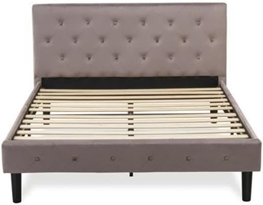 East West Furniture NL14Q-2VL07 3 Pc Bed Set - Queen Size Button Tufted Bed - Brown Taupe Velvet Fabric Upholstered Headboard and a Distressed Jacobean Finish Nightstand
