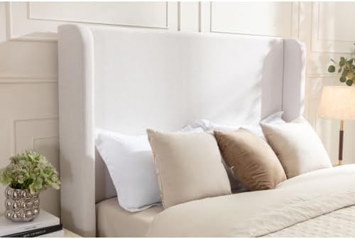 King Size Bed Frame With Headboard,54' Headboard Chenille Upholstered Platform Bed,Bedroom Furniture Sets No Springs Required,Metal Bed Frame With Wooden Slats for Strong Support,No Noise Free,Ivory