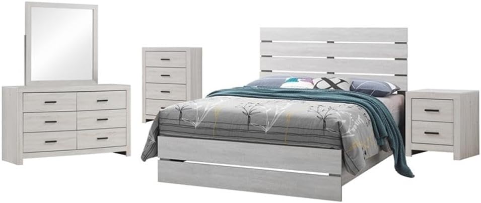 Pemberly Row 5-Piece Queen Panel Bedroom Set, Coastal White Finish, Includes Bed, Nightstand, Dresser, Mirror, Chest, Asian Tropical Wood, Rustic Style, Vertical Paneling, Brushed Nickel Hardware