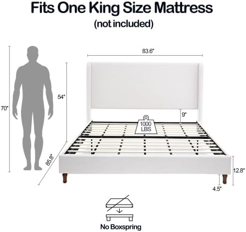 King Size Bed Frame With Headboard,54' Headboard Chenille Upholstered Platform Bed,Bedroom Furniture Sets No Springs Required,Metal Bed Frame With Wooden Slats for Strong Support,No Noise Free,Ivory
