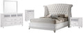 Pemberly Row 5-Piece Queen Bedroom Set, White Velvet Upholstered Bed with Button Tufting, Crocodile Textured Leatherette Finish, Dresser, Nightstand, Mirror, 14-Drawer Storage, Contemporary Design