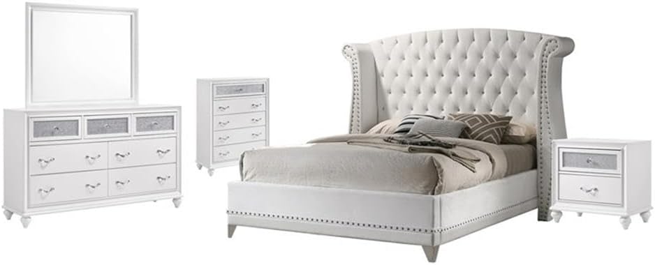 Pemberly Row 5-Piece Queen Bedroom Set, White Velvet Upholstered Bed with Button Tufting, Crocodile Textured Leatherette Finish, Dresser, Nightstand, Mirror, 14-Drawer Storage, Contemporary Design