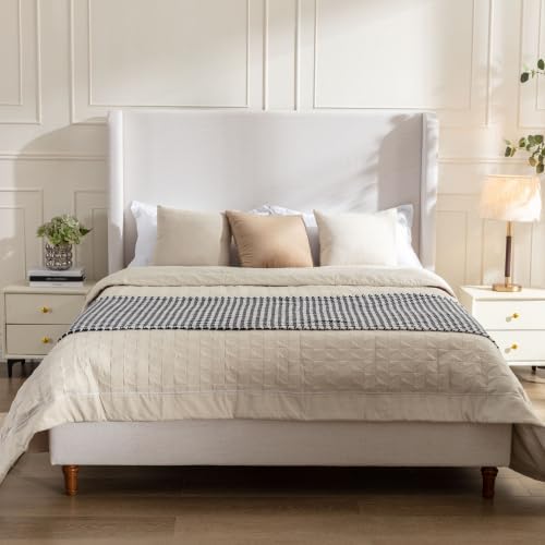 King Size Bed Frame With Headboard,54' Headboard Chenille Upholstered Platform Bed,Bedroom Furniture Sets No Springs Required,Metal Bed Frame With Wooden Slats for Strong Support,No Noise Free,Ivory