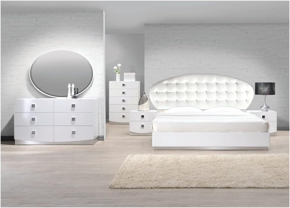 Best Master France 5-Piece Faux Leather Queen Bedroom Set in White Lacquer
