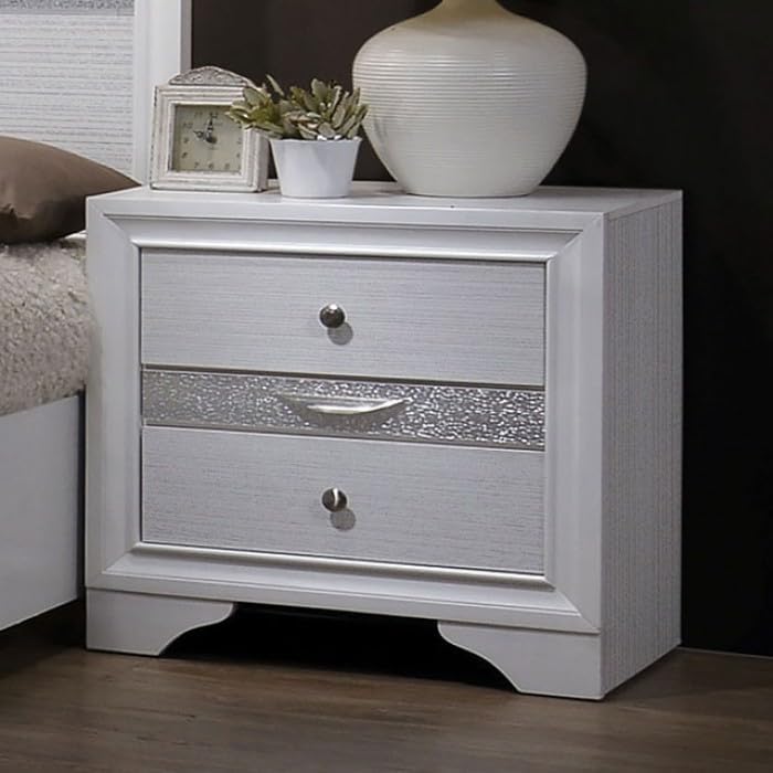 MASARA 5-Piece Queen Bedroom Set, Contemporary White with Silver Accents, Panel Bed with Storage.