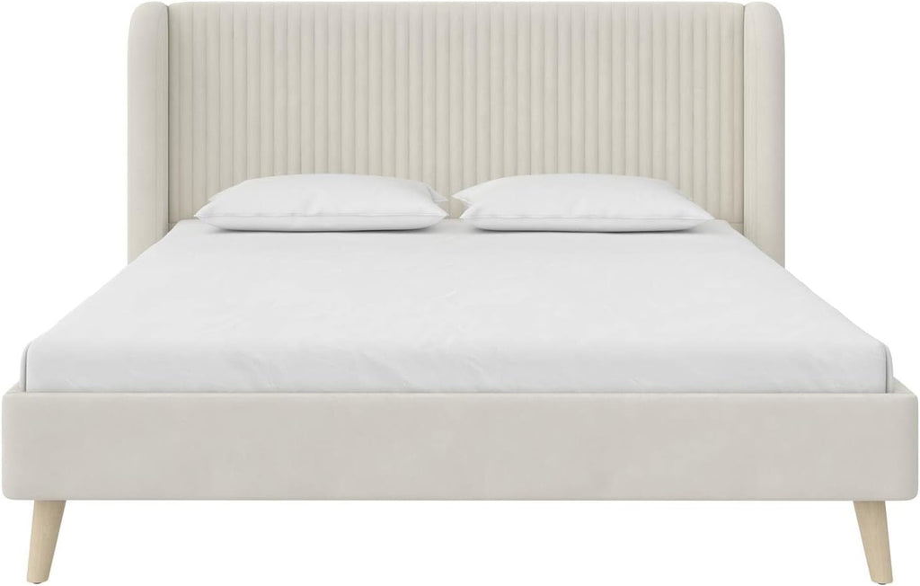 Novogratz Holly Upholstered Wingback Bed Frame, Queen, Ivory Velvet