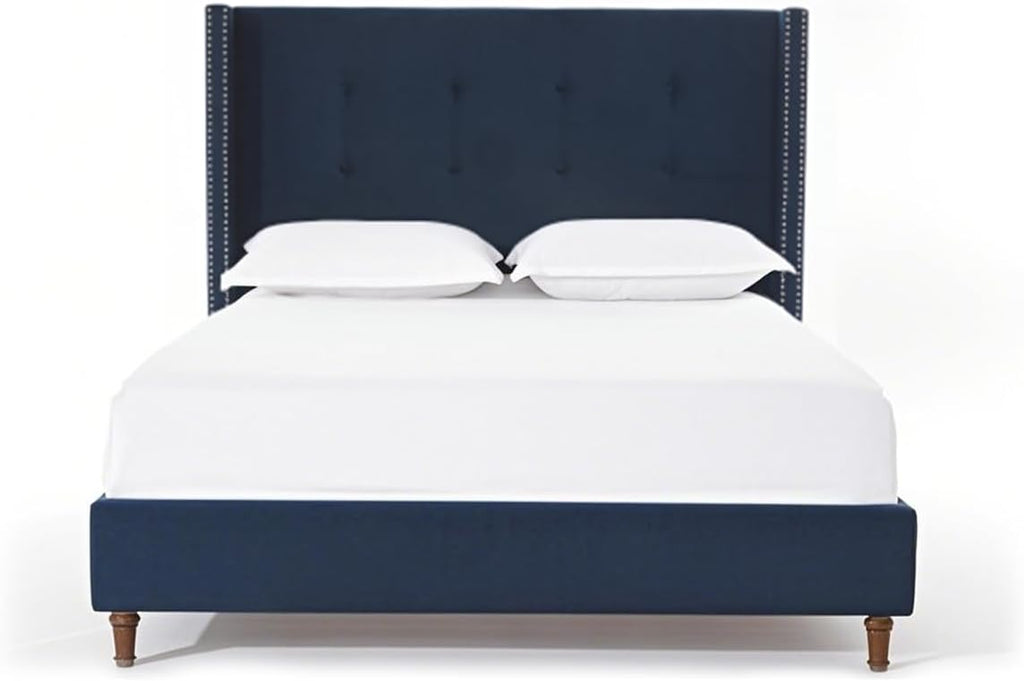 Queen Size Bed Frame,54'High Headboard Button Tufted Nailhead Trimmed Backrest Headboard,Velvet Metal Upholstered Platform Bed Frame,Wooden Slats Provide Strong Support,No Springs Required,Blue