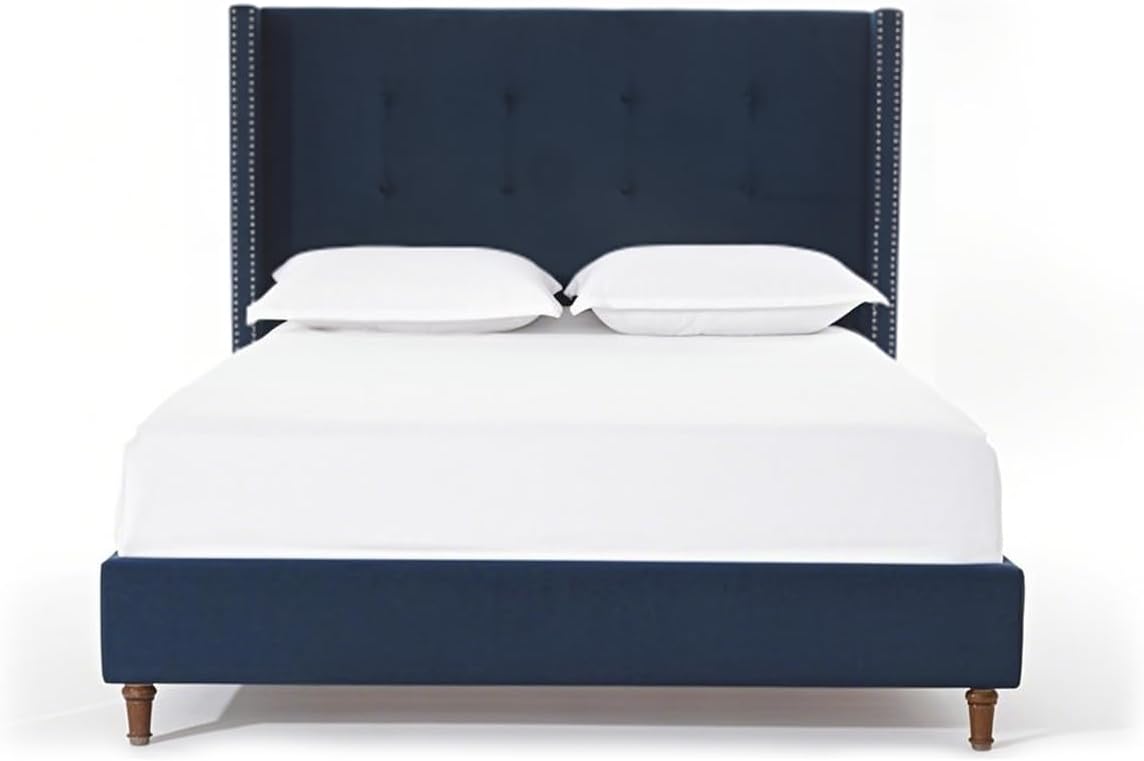 Queen Size Bed Frame,54'High Headboard Button Tufted Nailhead Trimmed Backrest Headboard,Velvet Metal Upholstered Platform Bed Frame,Wooden Slats Provide Strong Support,No Springs Required,Blue