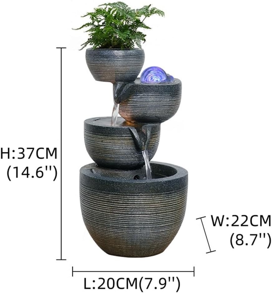 Indoor Fountain – Cascading Water Feature, Resin Fountains with LED Lights/Rolling Ball/Automatic Pump for Home, Decorative Tabletop Waterfall with Pot to Grow Plant by Yourself(A)