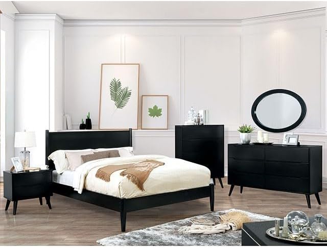 MASARA 4-Piece Mid-Century Modern Queen Bedroom Set in Black Finish, Engineered Solid Wood, Wood Veneer, Others