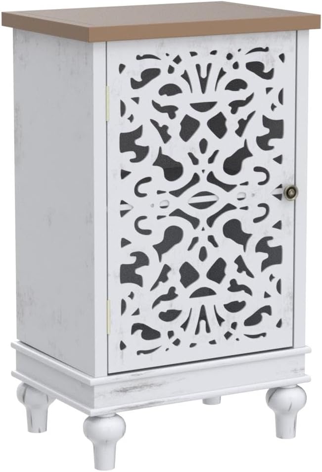 Sophia & William Accent Cabinet Small with Single Door, 31.5' Tall Side End Table, Distressed Nightstand with Wooden Frame and Hollow Carved Door, White