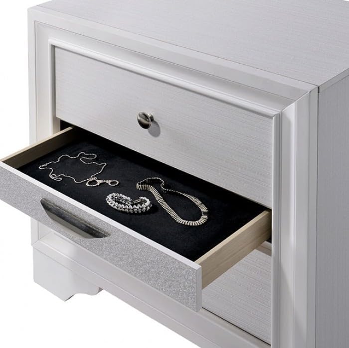 MASARA 5-Piece Queen Bedroom Set, Contemporary White with Silver Accents, Panel Bed with Storage.