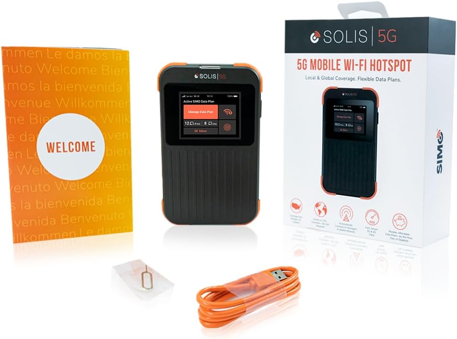 SIMO Solis 5G WiFi Mobile Hotspot for Travel, Local and International Coverage Router, Multi-Carrier Access, No Contract Required, Supports 16 Devices, 1GB/Month Lifetime Data Included (Renewed)