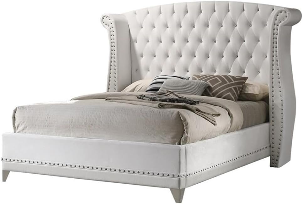 Pemberly Row 5-Piece Queen Bedroom Set, White Velvet Upholstered Bed with Button Tufting, Crocodile Textured Leatherette Finish, Dresser, Nightstand, Mirror, 14-Drawer Storage, Contemporary Design