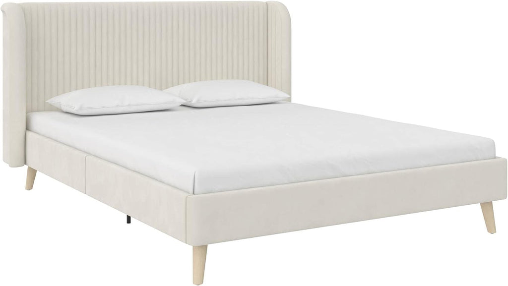 Novogratz Holly Upholstered Wingback Bed Frame, Queen, Ivory Velvet
