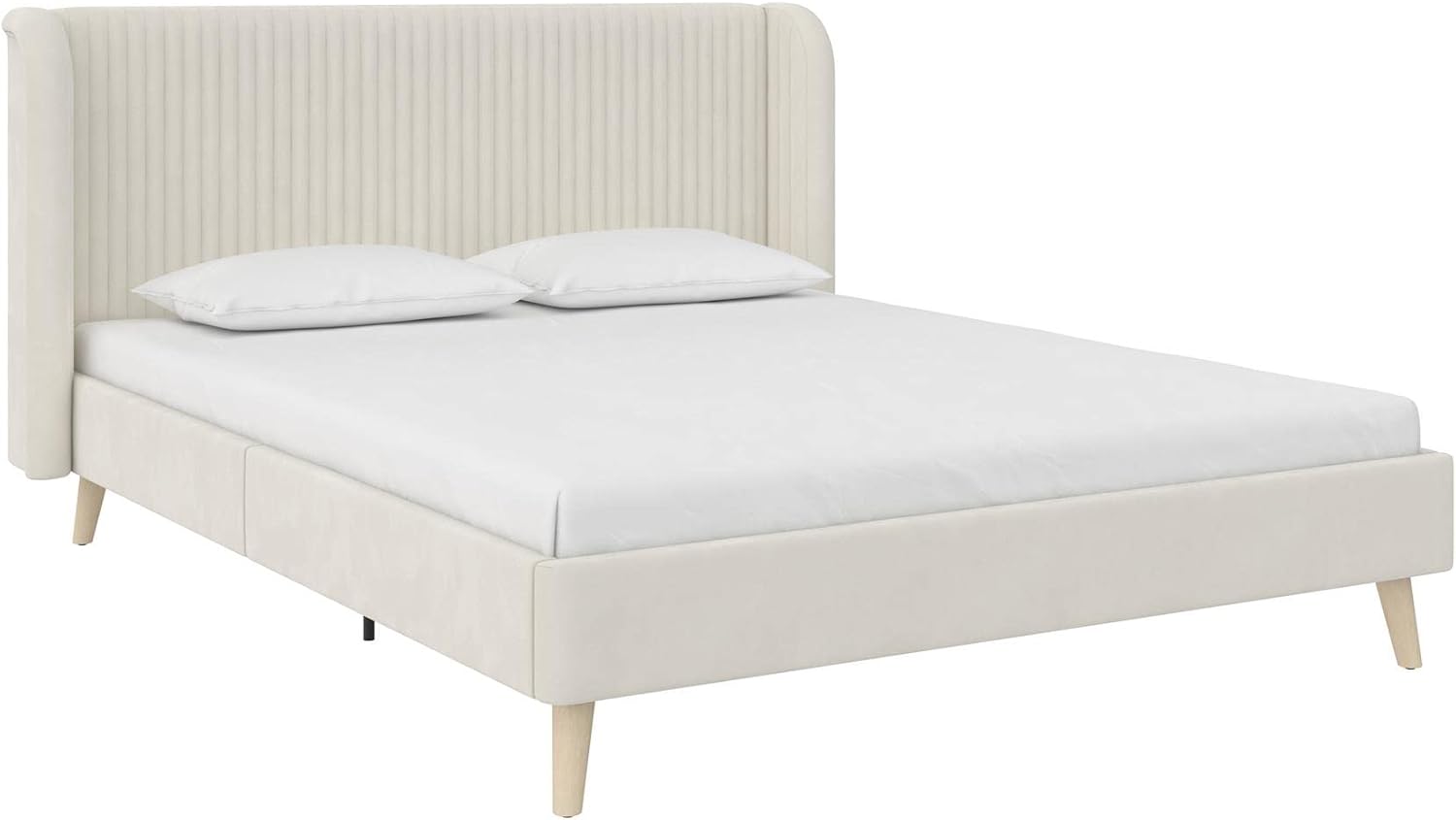 Novogratz Holly Upholstered Wingback Bed Frame, Queen, Ivory Velvet