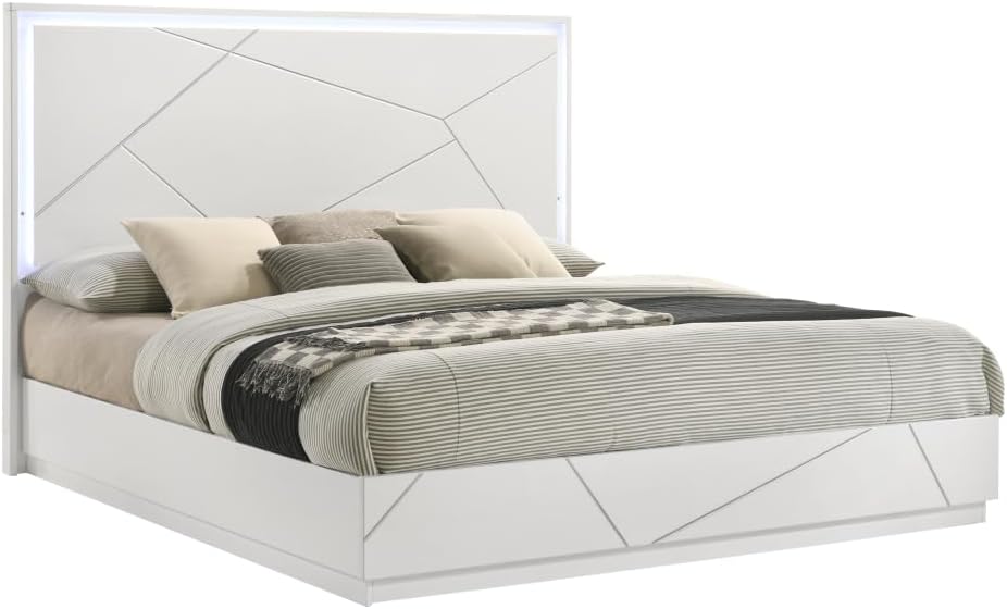 Manhattan Queen 5-Piece Bedroom Set: Modern Design with Lacquer Finish, Geometric Accents, and LED Lighting