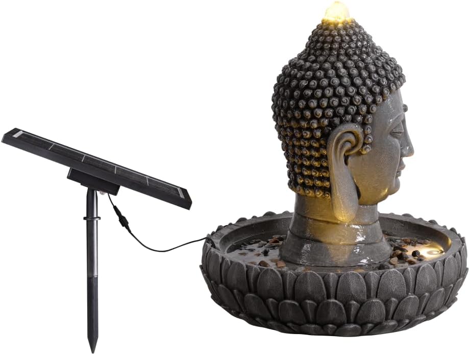 Solar Powered Buddha Statue Water Fountain Outdoor, Zen Waterfall Fountain with LED Lights, Peaceful Relaxing Water Feature Landscape Decor for Garden, Patio, Yard