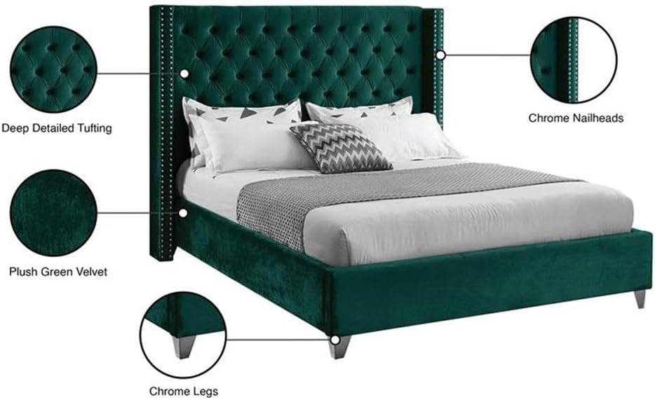 Meridian Furniture Aiden Collection Modern | Contemporary Velvet Upholstered Bed with Deep Button Tufting, Solid Wood Frame, and Custom Chrome Legs, King, Green