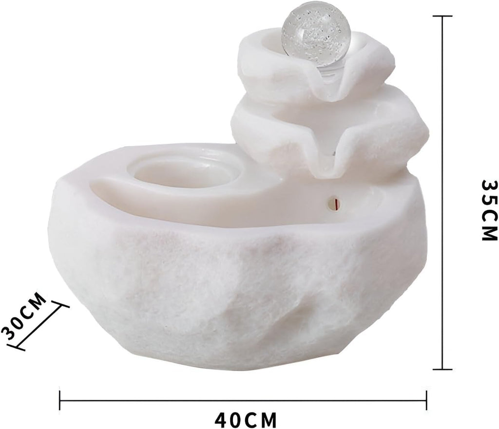 11.42' Indoor Tabletop Fountain with 3-Tier Flow, RGB LED Lights, Decorative Bubble Ball, Mist Maker & 10 Natural Crystals – Zen Resin Waterfall for Home Office Decor & Meditation (White)
