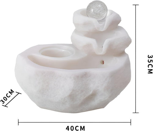 11.42' Indoor Tabletop Fountain with 3-Tier Flow, RGB LED Lights, Decorative Bubble Ball, Mist Maker & 10 Natural Crystals – Zen Resin Waterfall for Home Office Decor & Meditation (White)