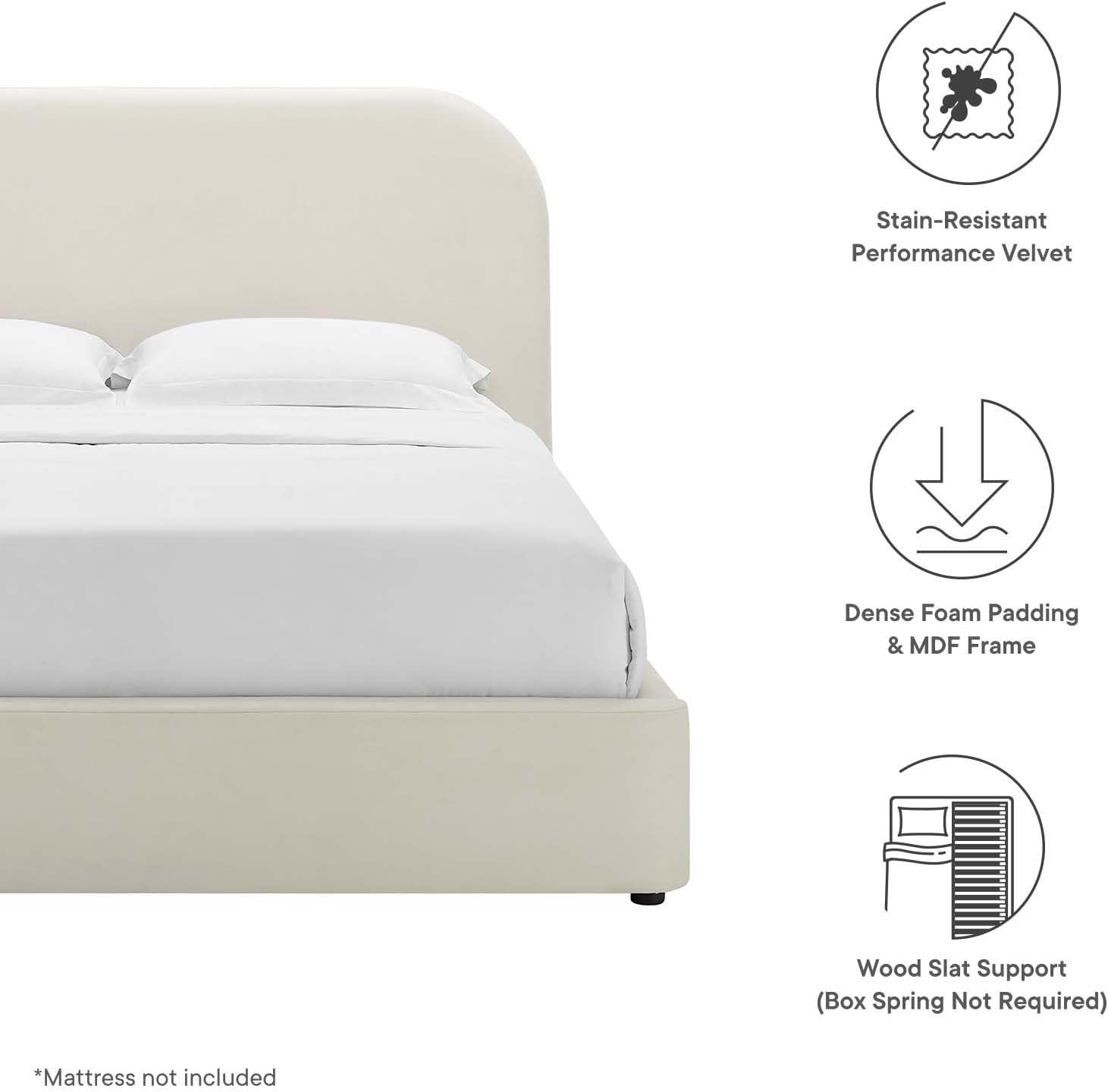 Modway Keynote Modern Full Bed Frame with Curve Shaped Headboard in Alabaster, Upholstered in Performance Velvet, Full Size Platform Bed, Soft Cloud Bed Frameain-Resistant Velvet Full Bed