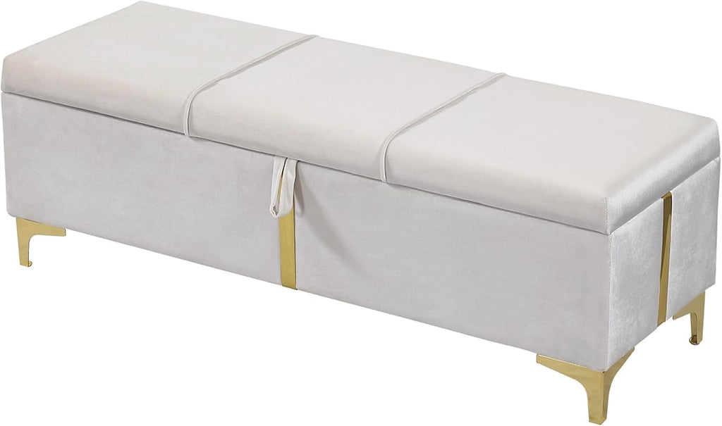 2 Pieces Bedroom Sets, Queen Size Velvet Upholstered Platform Bed with Hydraulic Storage System and Gold Decoration, Storage Ottoman with Metal Legs, Modern Design (Beige)