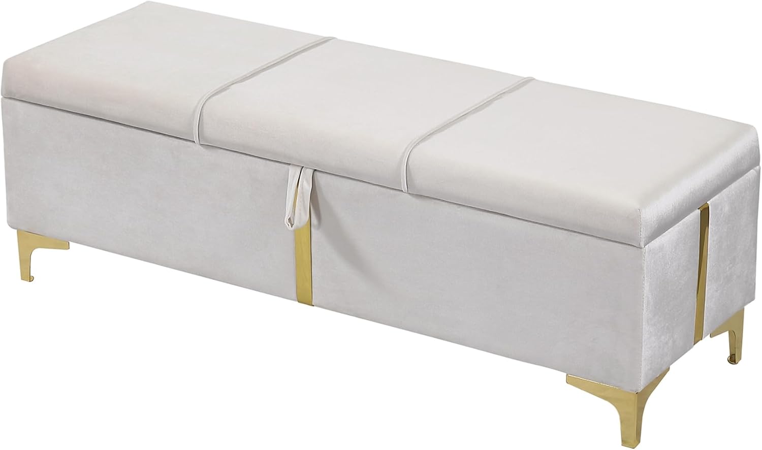 2 Pieces Bedroom Sets, Queen Size Velvet Upholstered Platform Bed with Hydraulic Storage System and Gold Decoration, Storage Ottoman with Metal Legs, Modern Design (Beige)
