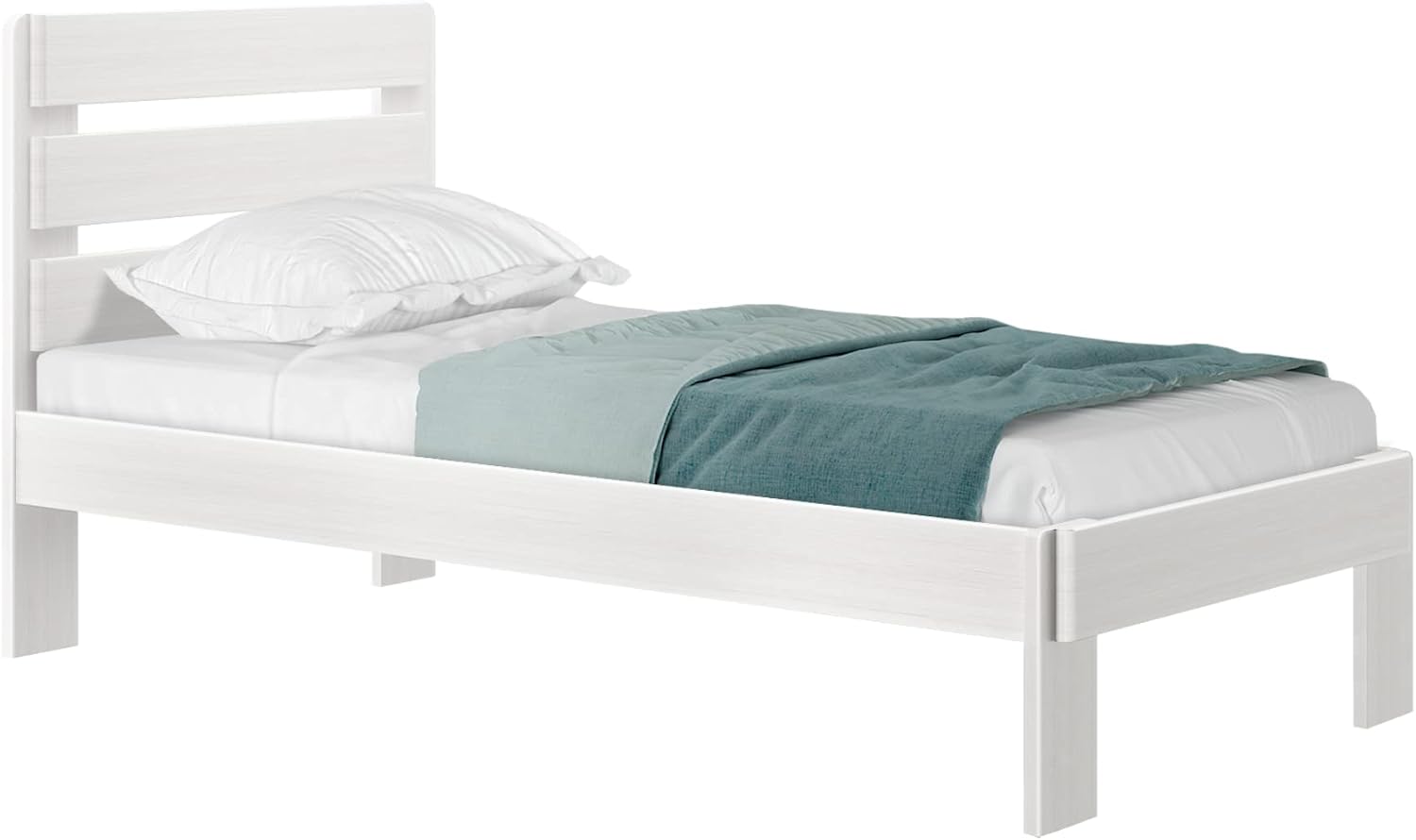 Plank+Beam Rustic Wood Twin Bed Frame, Platform Bed with Headboard, Slatted, White Wash