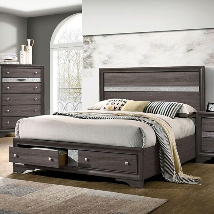 MASARA 5-Piece Queen Bedroom Set, Contemporary Gray with Silver Accents, Panel Bed with Storage.