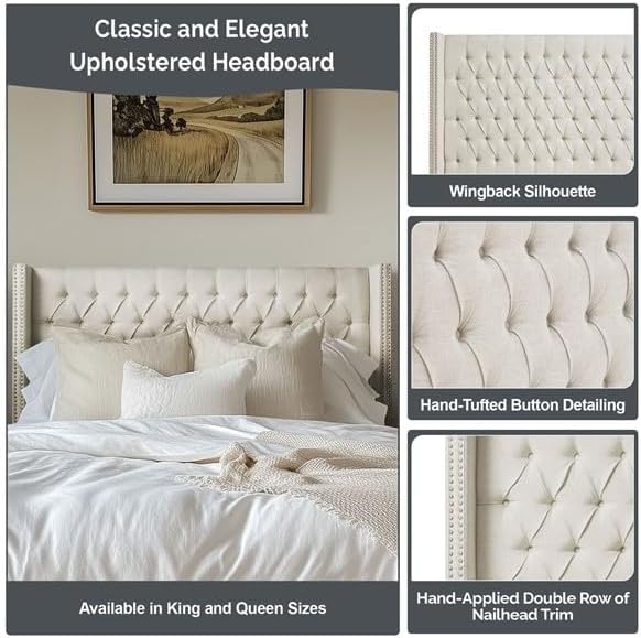 Madison Park Amelia Headboard-Wingback Queen Size Headboard, Upholstered Headboard for Adjustable Beds, Hand-Tufted Button Detail, Padded Fabric, Classic & Transitional Bedroom Style, Beige Woven