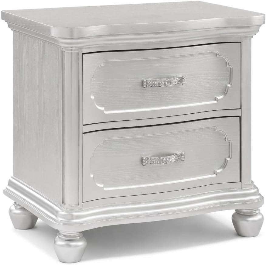 First of a Kind Silver Wood Traditional Nightstand with Drawers and Carved Design - 28-Inch Wide Bedside Table, Classic European Style Bedroom Furniture