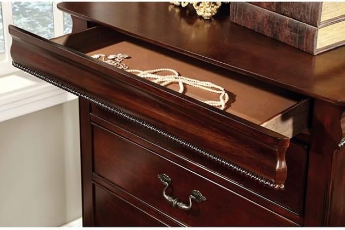 MASARA 5-Piece Traditional Queen Bedroom Set, Cherry Finish, Low Post Bed with Ornate Details.