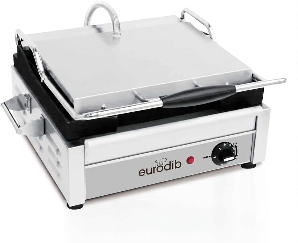 Eurodib SFE02345 Commercial Panini Press & Sandwich Grill, Ribbed Cast Iron Plates, Adjustable Thermostat up to 572°F (300°C), Stainless Steel, 120V, NSF