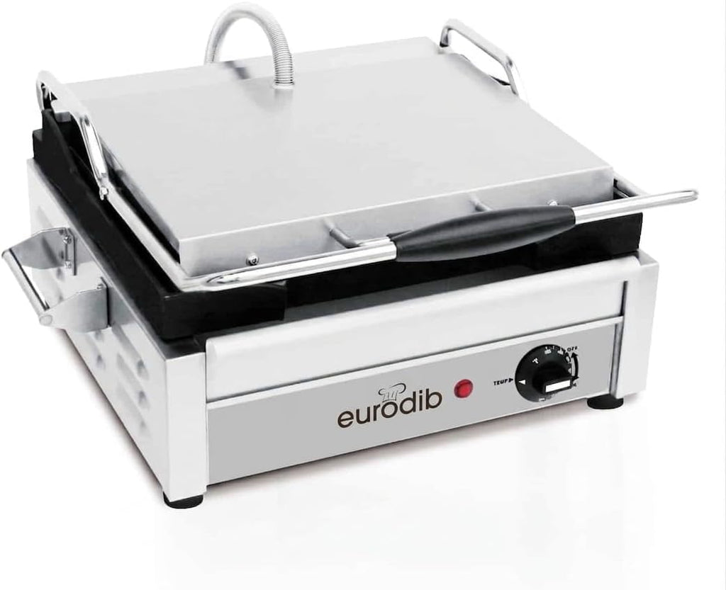 Eurodib SFE02340 Commercial Panini Press & Sandwich Grill, All-Flat Plates, Cast Iron, Adjustable Thermostat up to 572°F (300°C), Stainless Steel, 120V