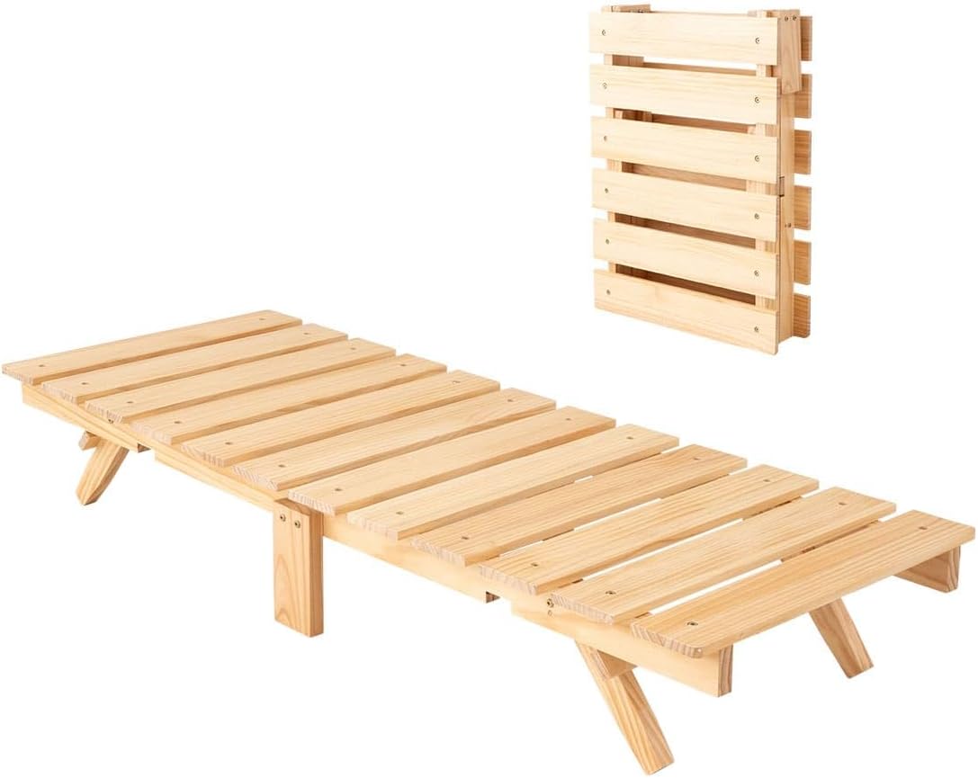 EMOOR Foldable Wood Slatted Floor Bed Frame OSMOS Daybed Size (26x71in) Solid Pine (Earth-Natural), Easy Assembly Space Saving Storable Floor Life Tatami