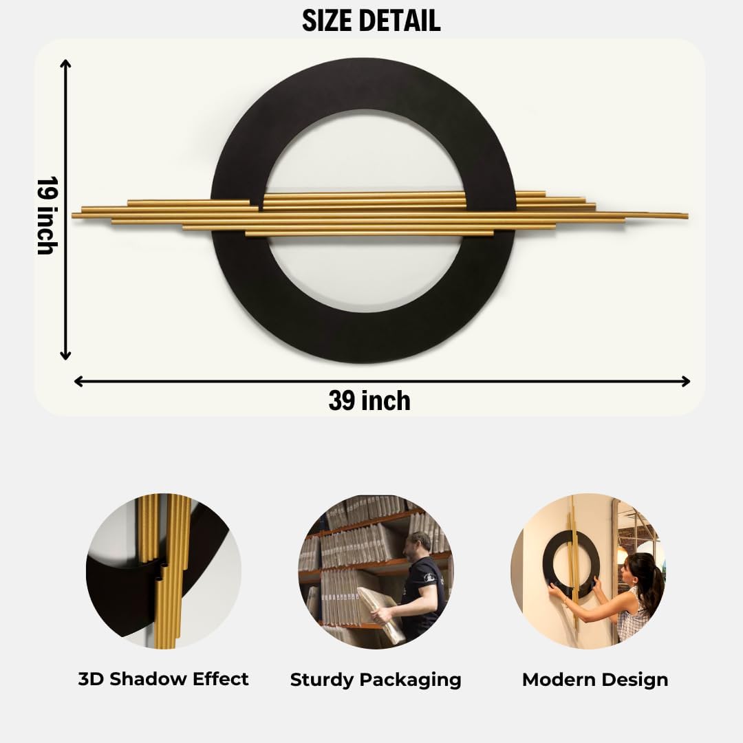 Geometa 3D Large Black and Gold Metal Wall Art, Living Room Wall Decor, Geometric Wall Art, Modern Home Decor, Wall Sculpture for Kitchen, Office or Bedroom Decor (Hangable Horizontally or Vertically) - 39 x 19 inches